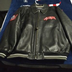 Avirex Black Leather Bomber Jacket with Red Details